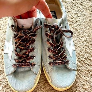 Golden Goose Denim Low Top Sneakers w/ Leopard Laces